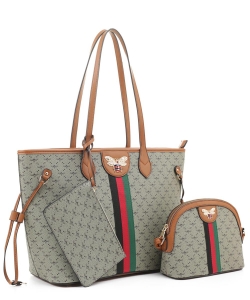Bee Charm Striped Monogram 3 in 1 Tote Value SET BP-JUS30116 BROWN/TAUPE